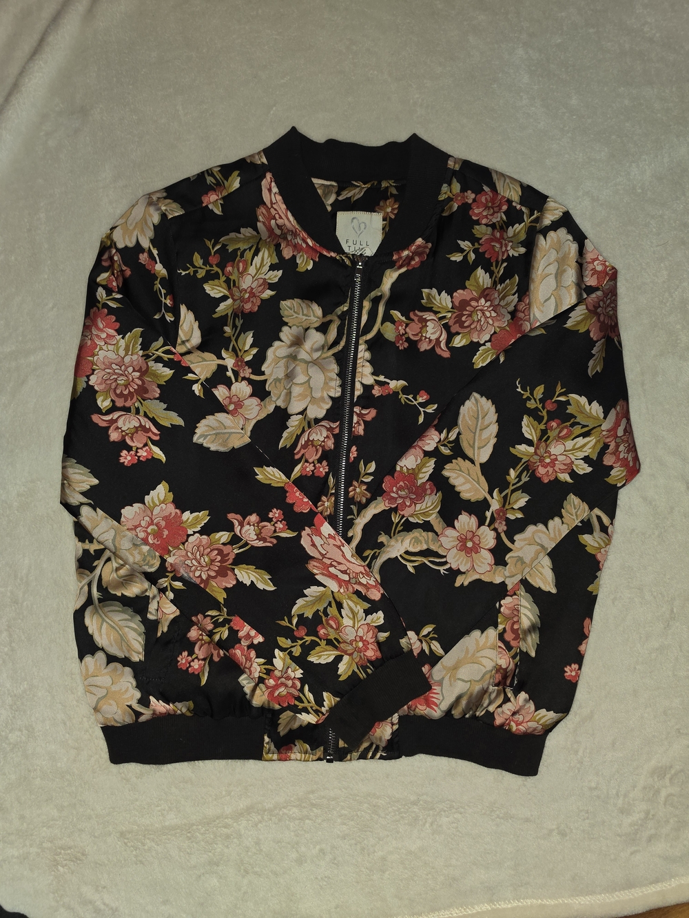 Full Tilt Black Floral Bomber Jacket with Pink & Cream Flowers